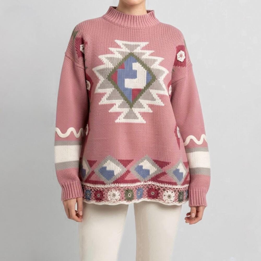 80s Granny Square Crochet Sweater Mock Neck Instarsia Grandmacore Aztec M